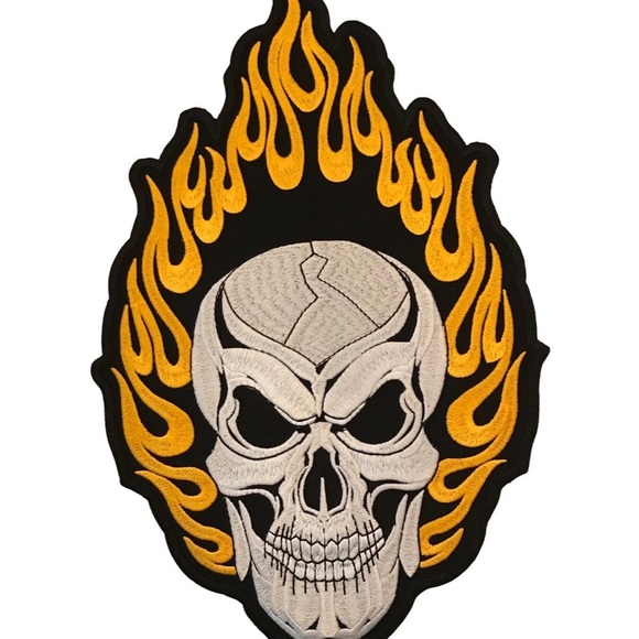 Medium Yellow Flame Skull Back Patch Biker Iron or Sew on Patch - Picture 2 of 4